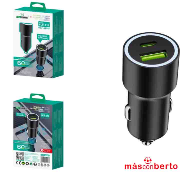 Cargador coche PD+USB 60W